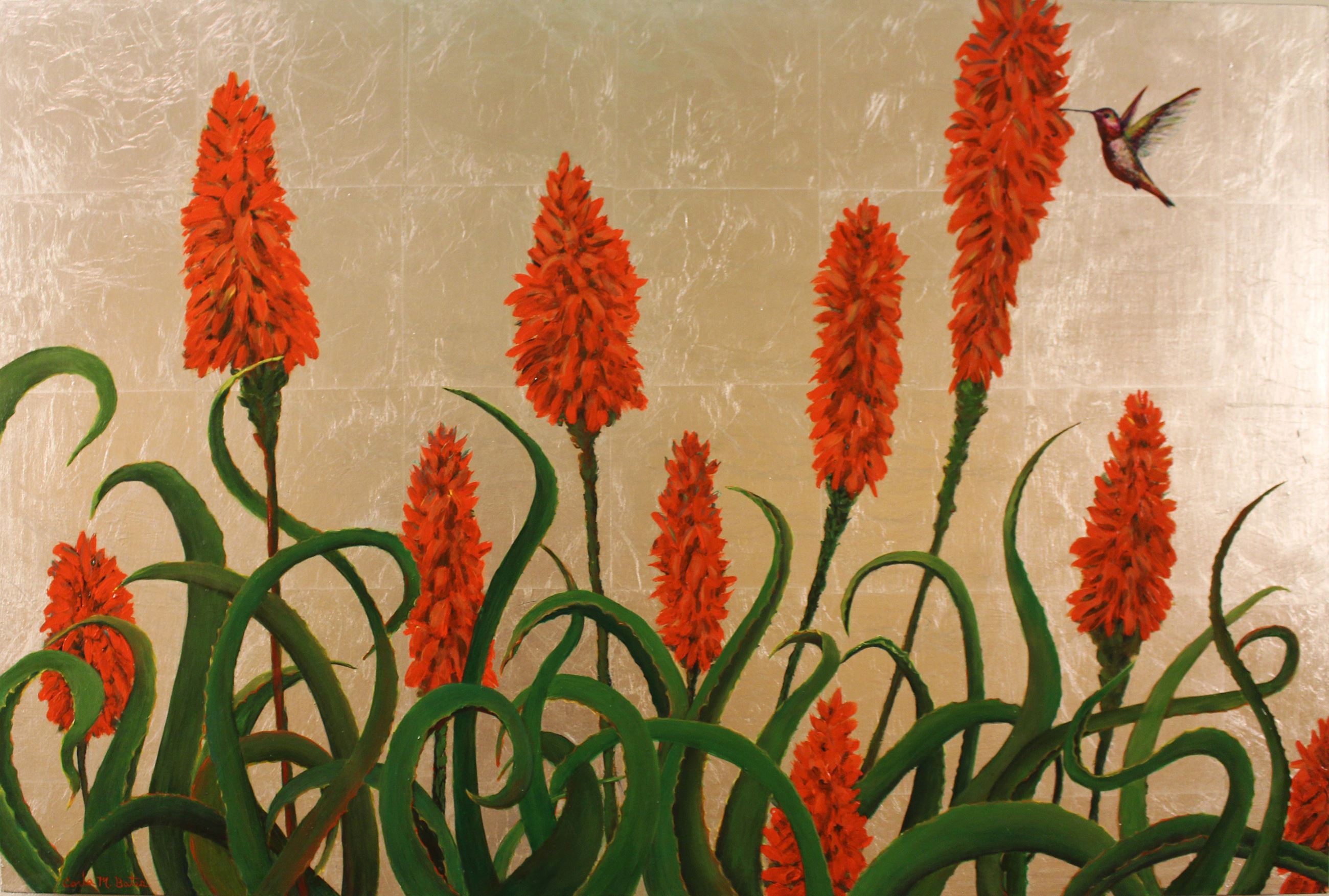 Artist Carla Bates artwork, red flowers with dragon fly